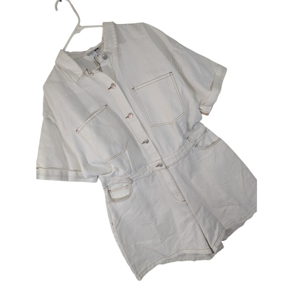 NWT! FASHION NOVA! CREAM W/GOLD CONTRAST STITCH EVERYDAY DENIM ROMPER! SZ 2X